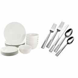 AmazonBasics 18-Piece Dinnerware Set, Service for 6 and International Silver Arabesque Frost 18/0 Stainless Steel Flatware, 20-Piece Set, Service for 4 (5114325) Bundle