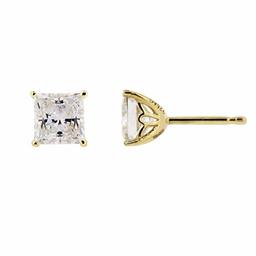 Sterling Silver (Yellow Gold Plated) Cubic Zirconia Clear Color Princess Cut (6mm) Stud Earrings