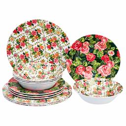 AmazonBasics 12-Piece Melamine Dinnerware Set - Service for 4, Red Rose Garden