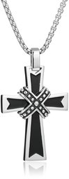 Men's Stainless Steel Cross Pendant with Black with Round Box Chain Pendant Necklace, 24