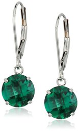 10k White Gold Round Checkerboard Cut Created Emerald Leverback Earrings (8mm)