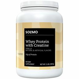 Amazon Brand - Solimo Whey Protein Powder with BCAA + Creatine Blend, Vanilla, 32g Protein, 2.6g BCAA blend, 5 Pound (44 Servings)