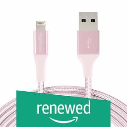 (Renewed) AmazonBasics Double Nylon Braided Apple Certified Lightning to USB Charge and Sync Tough Cable, 10 Feet (3 Meters) - Rose Gold