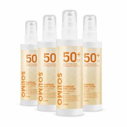 Marchio Amazon - Solimo - SUN - Lozione solare corpo SPF 50+, con vitamina E, antiossidante (4x200 ml)