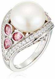 Amazon CollectionPlatinum Plated Sterling Silver Freshwater Pearl with Pear Shaped Fancy Pink Swarovski Zirconia Accents Ring, Size 7