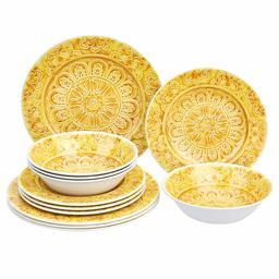 AmazonBasics 12-Piece Melamine Dinnerware Set - Service for 4, Faded Glaze Yellow