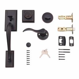 AmazonBasics Modern Exterior Door Handle with Right-Hand Wave Door Lever and Deadbolt Lock Set, Oil Rubbed Bronze