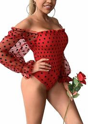 Feditch Women's Polka Dot Off Shoulder Mesh Puff Sleeve Top Bottoming Bodysuit Rompers Red Small