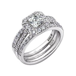 [Amazon Collection] Amazon Collection Rhodium Plated Sterling Silver Clear Ascar & Round Cut Cubic Zirconia Insert Ring Set, Size 14