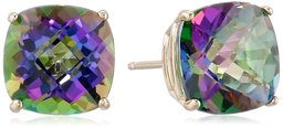 14k Yellow Gold Cushion-Cut Checkerboard Mystic Fire Topaz Stud Earrings (8mm)