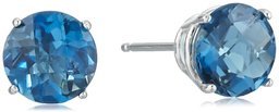 10k White Gold Round Checkerboard Cut London Blue Topaz Stud Earrings (6mm)