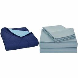 AmazonBasics Navy Blue Comforter (Full/Queen) and Spa Blue Sheet Set (Full)