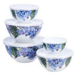 AmazonBasics 10-Piece Mixing Bowl Set with Lids - Non-Slip Base, Hydrangea Floral