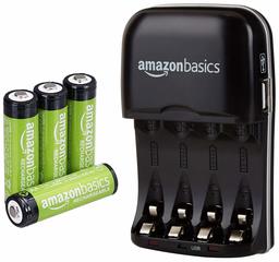 AmazonBasics AA Rechargeable Batteries (4-Pack) and Ni-MH AA & AAA Battery Charger With USB Port Set