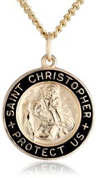 Amazon Collection14k Gold-Filled Solid Round Saint Christopher Medal with Black Epoxy Border and Gold Plated Stainless Steel Chain, 20