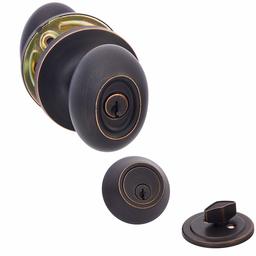 AmazonBasics Exterior Door Knob With Lock and Deadbolt, Oval Egg, Oil Rubbed Bronze