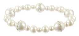 White Potato and Rhinestone Ringed Freshwater Cultured Pearl Stretch Bracelet, 7.5