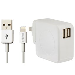 AmazonBasics Dual Port USB Wall Charger (4.2 Amp) and Lightning Cable (6 Feet - White)