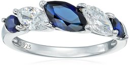 Platinum Plated Sterling Silver Marquise Created Sapphire 5-Stone Band Swarovski Zirconia Accents Ring, Size 7