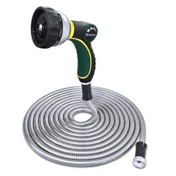 Eono Stainless Steel Metal Garden Hose 304 Stainless Steel Water Hose with Solid Metal Fittings and Newest Spray Nozzle, Lightweight, Kink Free, Durable and Easy to Store (25 Feet)