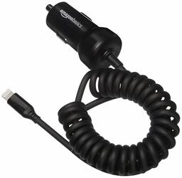 AmazonBasics - Cargador de coche con cable Lightning en espiral, de 5 V y 2,4 A, 0,45 m - Negro