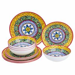 AmazonBasics 12-Piece Melamine Dinnerware Set - Service for 4, Traditional Decorated