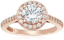 Rose Gold-Plated Sterling Silver Swarovski Zirconia Round-Cut Halo Ring, Size 7