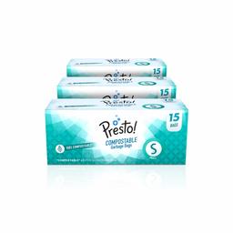 Amazon Brand - Presto! 100% Compostable Eco-friendly Garbage Bags, Small (17 x 19 inches) - 15 bags/roll (Pack of 3)