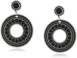 Stainless Steel with Black Ip and Black Glass Circle Dangle Earrings