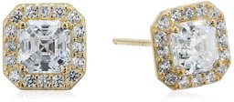 Women's 10K Gold Swarovski Zirconia Clear Asscher Cut Halo Stud Earrings