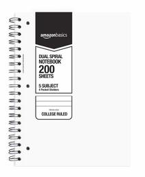 AmazonBasics College Ruled Wirebound 5-subject 200-Sheet Notebook met Pocket Divider - Pack van 2, 10.5 x 8 inch, Black and White