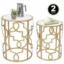 UMI. by Amazon Round Nest of Tables, Small White Coffee Side Tables with Wood Top Set of 2 for Living Room