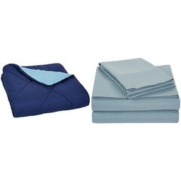 AmazonBasics Navy Blue Comforter (Full/Queen) and Spa Blue Sheet Set (Queen)