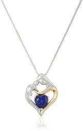 Sterling Silver and 14k Yellow Gold Heart Mother's Jewel Created Blue Sapphire and Diamond Accent Pendant Necklace, 18