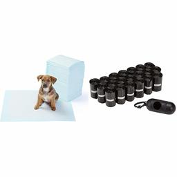 AmazonBasics Dog Waste Bags with Dispener (300-Count) and Pet Training and Puppy Pads, Regular (100-Count) Set