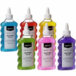 AmazonBasics Liquid Washable Glitter Glue, Red/Yellow/Blue, 6 oz. Each, 3-Count with Glitter Glue, Green/Pink/Purple, 6 oz. Each, 3-Count