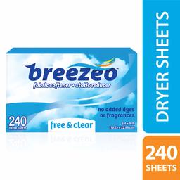 Breezeo Free & Clear Fabric Softener Dryer Sheets, Fragrance Free, 240 Count