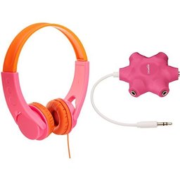 AmazonBasics Volume Limited On-Ear Headphones for Kids - Pink/Orange with 5-Way Headphone Splitter