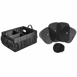 AmazonBasics Trunk Organizer with Collapsible Design for Cars, SUVs, and Trucks - Black + Car Sun Shades with 120 and 100 GSM Polyester with Suction Cup for Darker Shadow