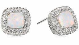 Sterling Silver Created Opal and Created White Sapphire Halo Cushion Stud Earrings