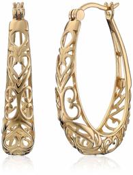 Amazon Collection18k Yellow Gold Plated Sterling Silver Filigree Oval Hoop Earrings