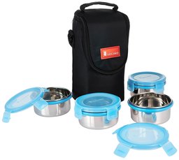 Amazon Brand - Solimo Stainless Steel Lunch Box Set with Bag, 300ml, 4-Pieces, Blue