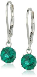 Sterling Silver Round Checkerboard Cut Created Emerald Leverback Earrings (6mm)