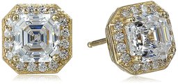 Yellow Gold Plated Sterling Silver Halo Earrings set with Asscher Cut Swarovski Zirconia (1 cttw)