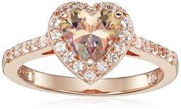 Womens Rose Gold Plated Sterling Silver Swarovski Zirconia Heart Misty Rose Topaz Halo Ring, Size 7