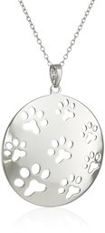 Rhodium Plated Sterling Silver Paws on Round Pendant Necklace, 18