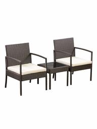 AmazonBasics Outdoor Patio Garden Faux Wicker Rattan Chair Conversation Set with Cushion - 3-Piece Set, Brown