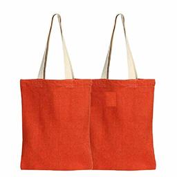 EONO Tote Bags Reusable Shopping Bag Eco-Friendly Recycled Cotton Fabric Handbag Grocery Shoulder Plain Canvas Tote Bags for Women, Men, Girls - Orange | 0413- Pack of 2