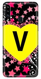 Amazon Brand - Solimo Designer Heart Pattern Alphabet-V 3D Printed Hard Back Case Mobile Cover for Samsung Galaxy A20s