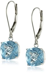 10k White Gold Cushion-Cut Checkerboard Blue Topaz Leverback Earrings (8mm)